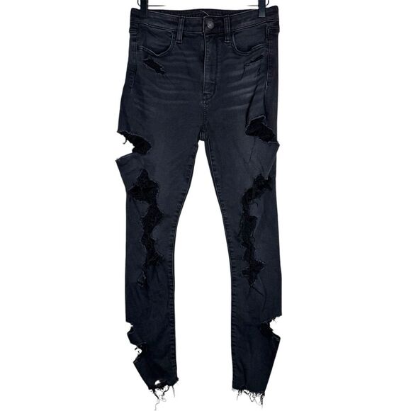 American Eagle Super High Rise Jegging Jeans Black Distressed Stretch Size 6 - Picture 1 of 8